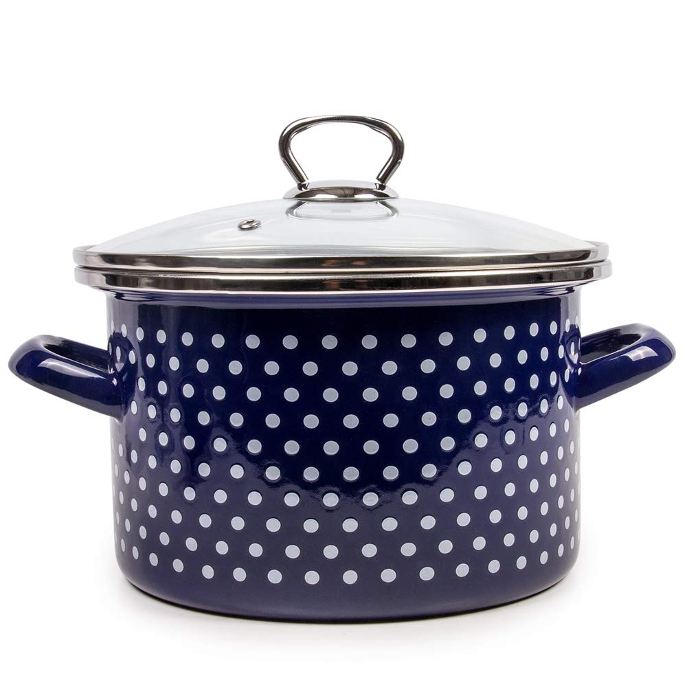 Blue Polka Dot Enamel Stock Pot with Glass Lid – 2.6-Quart (2.5L) Enamelware Cooking Pot for Soups, Stews & Pasta – Vintage Style Kitchen Essential for Stovetop & Oven Use