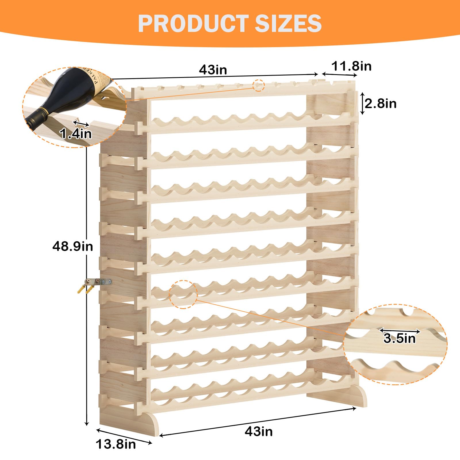 DlandHome 10-Tier Stackable Wine Rack - 100 Bottle Capacity Freestanding Modular Wine Storage Shelf - Natural Wood Wine Bottle Organizer for Kitchen, Bar, Dining Room & Wine Cellar - Perfect for Home Entertaining & Wine Collection Display