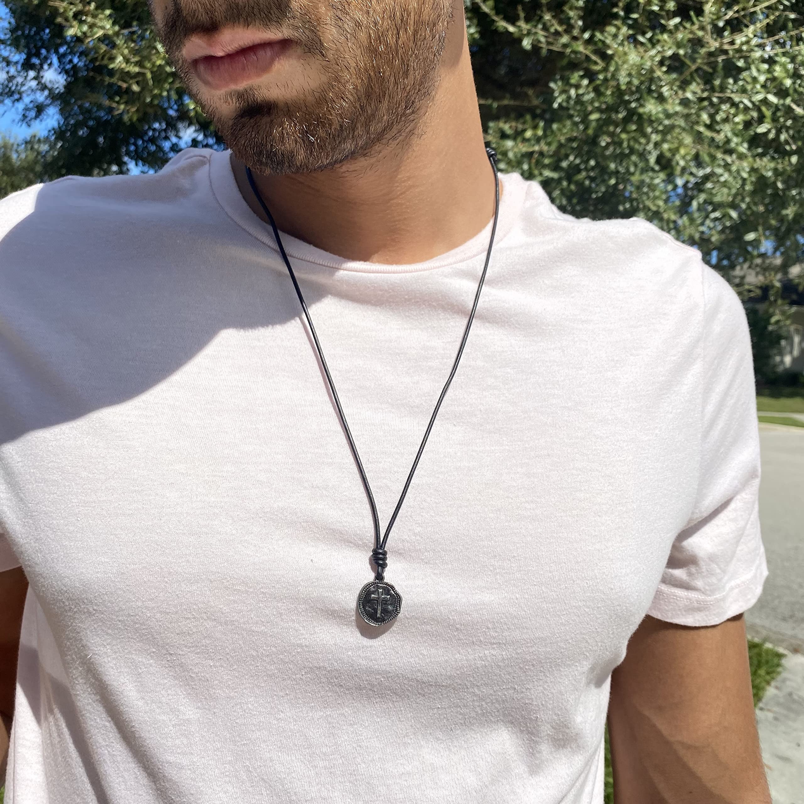 Men's Cross Necklace - Gunmetal Religious Pendant with Black Leather Chain, Christian Medallion for Catholic Gifts, Christmas Present for Husband or Boyfriend | Perfect for Church, Weddings & Daily Faith Jewelry