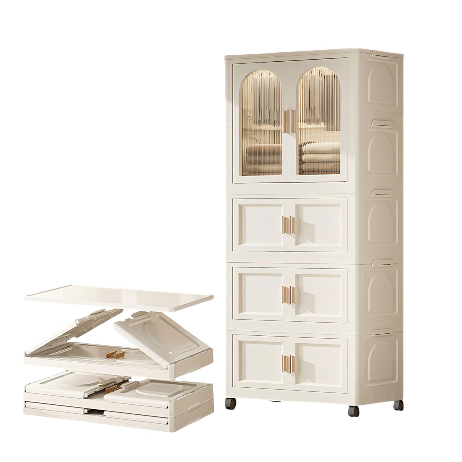 Foldable Storage Bins with Lids & Wheels - Cream White Organizer Box with Doors for Bedroom, Closet & Home Organization (70.87