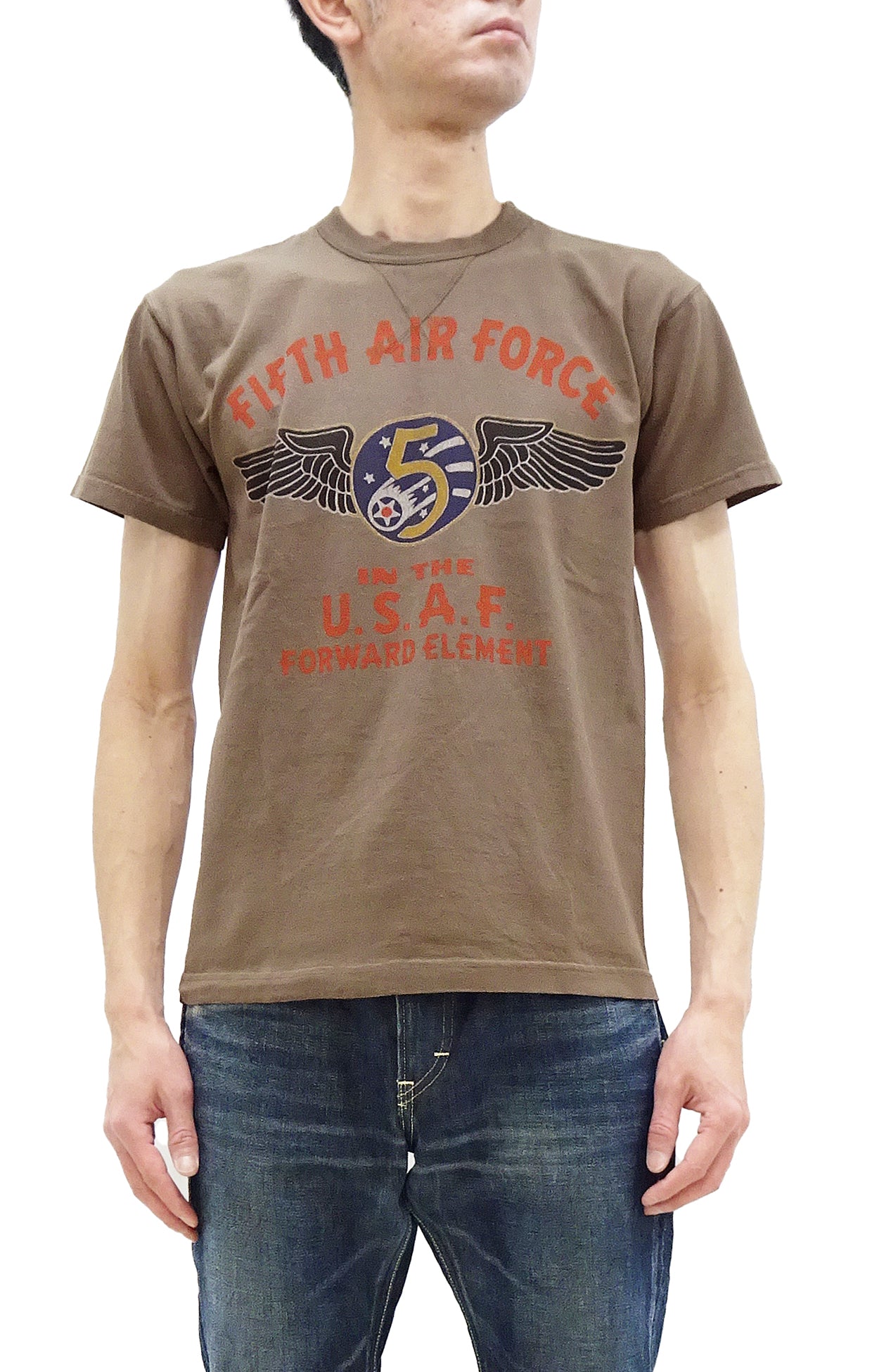 TOYS McCOY Men's US Fifth Air Force Military Graphic Short Sleeve T-Shirt | Vintage Loopwheeled Cotton Tee | TMC2428-050 Faded Coyote Brown | Casual Wear & Military Enthusiast Collection