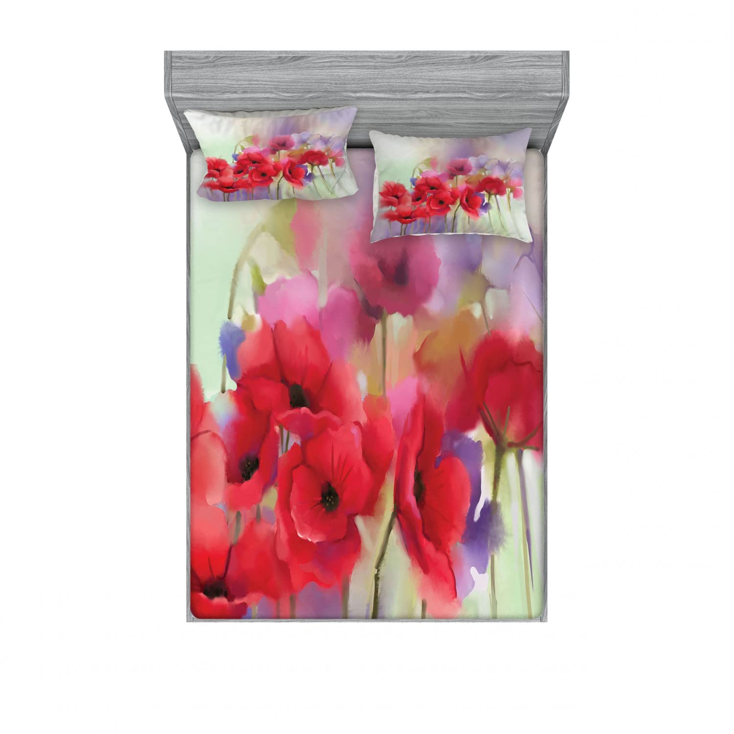 Ambesonne 2-Pack Queen Size Floral Bedding Set - 2 Fitted Sheets & 4 Pillow Shams with Romantic Poppy Flower Design in Lavender & Red | Spring Home Decor for Master Bedroom, Guest Room & Vacation House