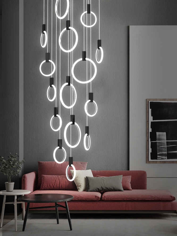 Stylish Black Aluminum Pendant Light with Long Hanging Rings - Modern Ceiling Lamp for Dining Room, Kitchen Island, or Living Room Decor