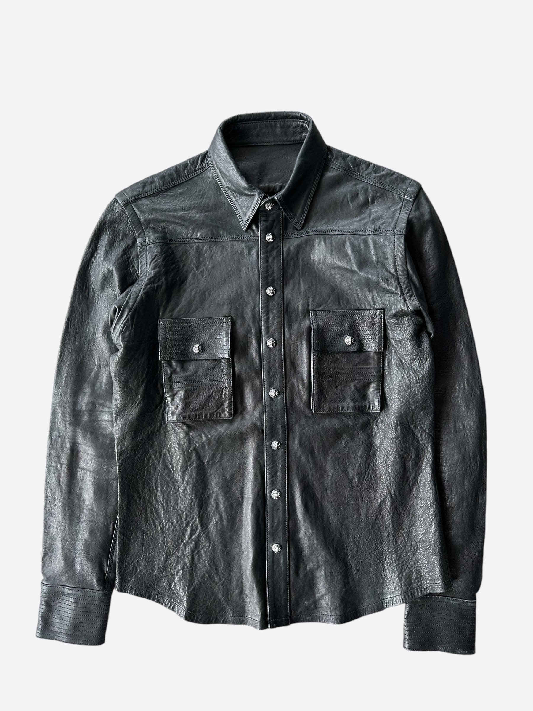Chrome Hearts Black Leather Button Up Shirt for Men - Stylish Designer Long Sleeve Shirt for Casual Wear & Night Out