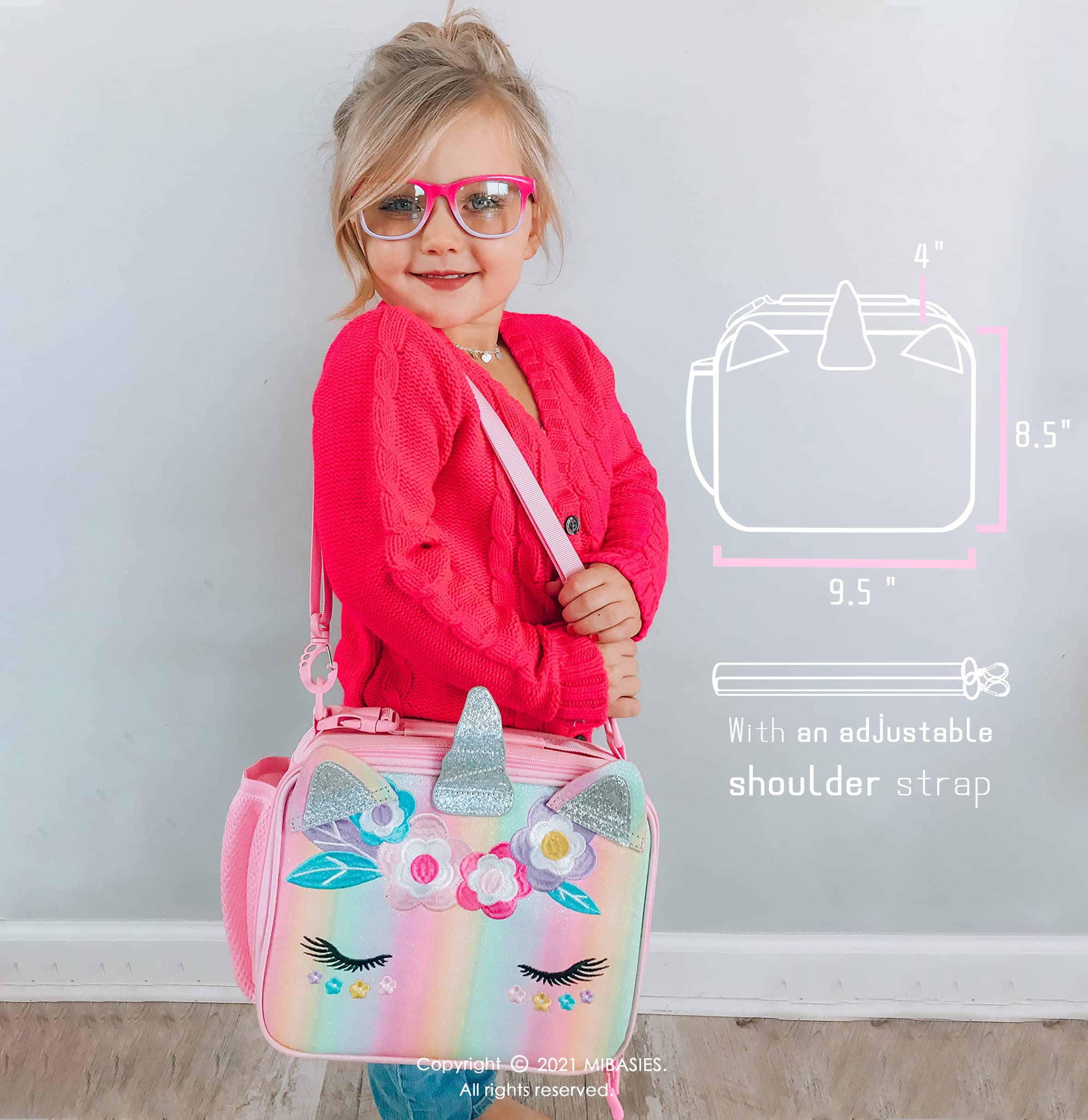 Mibasies Insulated Unicorn Lunch Bag for Kids - Pink Blue Rainbow Lunch Box with Water Bottle Holder & Adjustable Shoulder Strap - Perfect for School, Picnics & Outdoor Activities