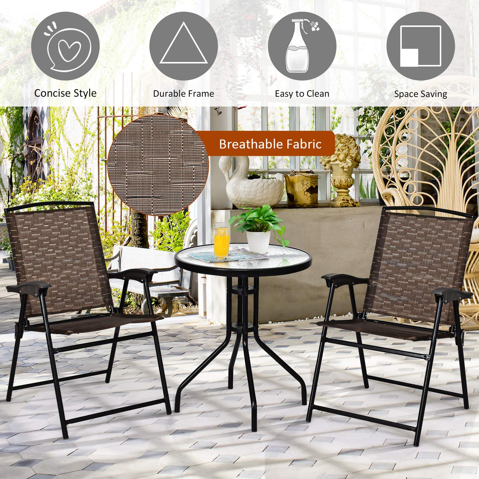 LUARANE 3-Piece Outdoor Bistro Set - Folding Patio Table & 2 Chairs with Textured Glass Top - Perfect for Balcony, Porch, Backyard, Garden & Small Outdoor Spaces | Ideal for Morning Coffee, Relaxing & Entertaining Guests