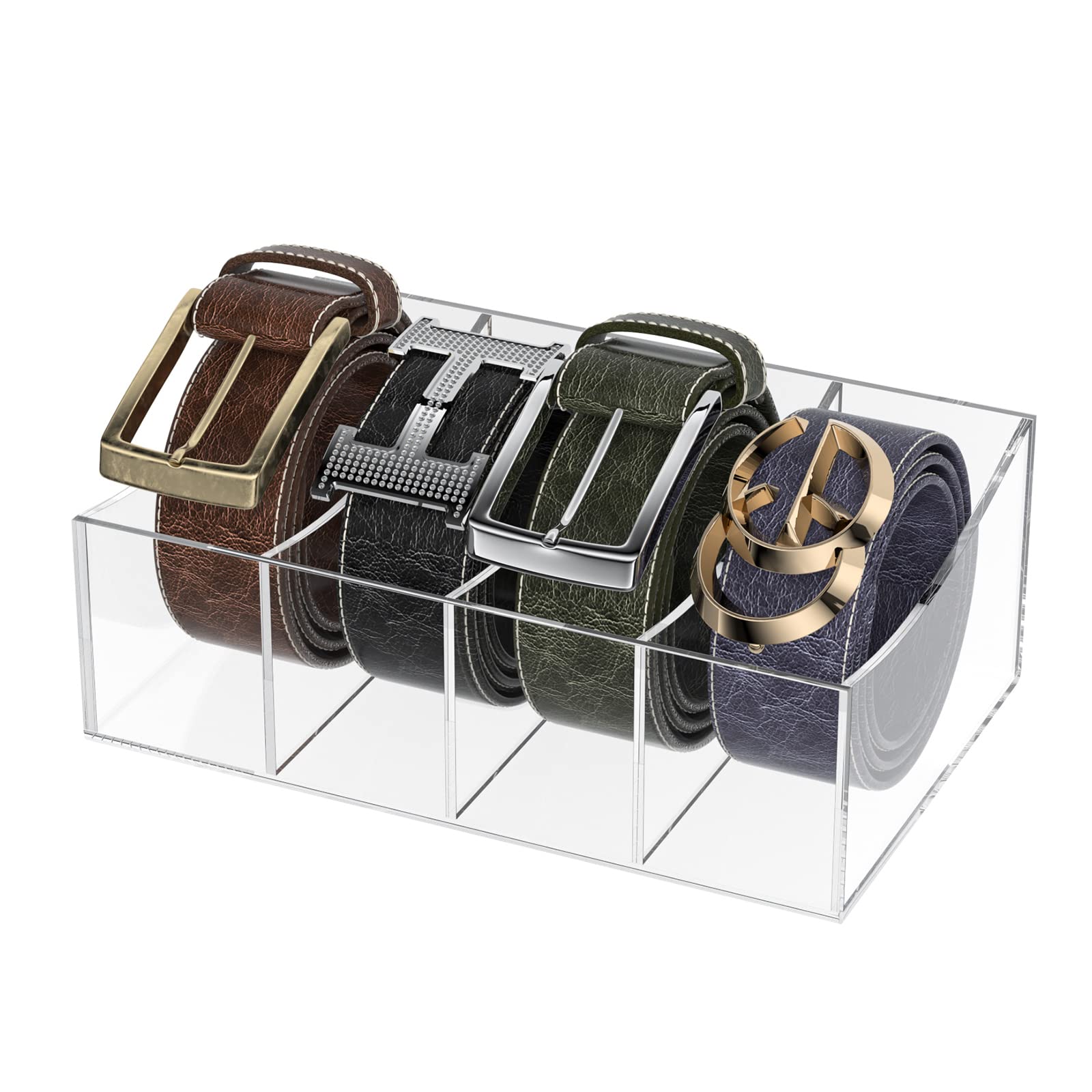 Acrylic Belt Organizer & Storage Holder - 4 Compartment Clear Display Case for Belts, Ties & Bow Ties | Perfect for Closet & Drawer Organization | Ideal for Home, Office & Travel Accessory Storage