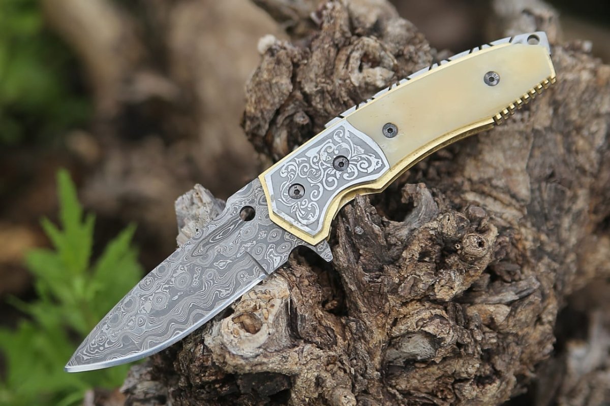 Premium Damascus Steel Pocket Knife with Bone Handle - Durable, Sharp Folding Knife for Camping, Hiking & Outdoor Adventures