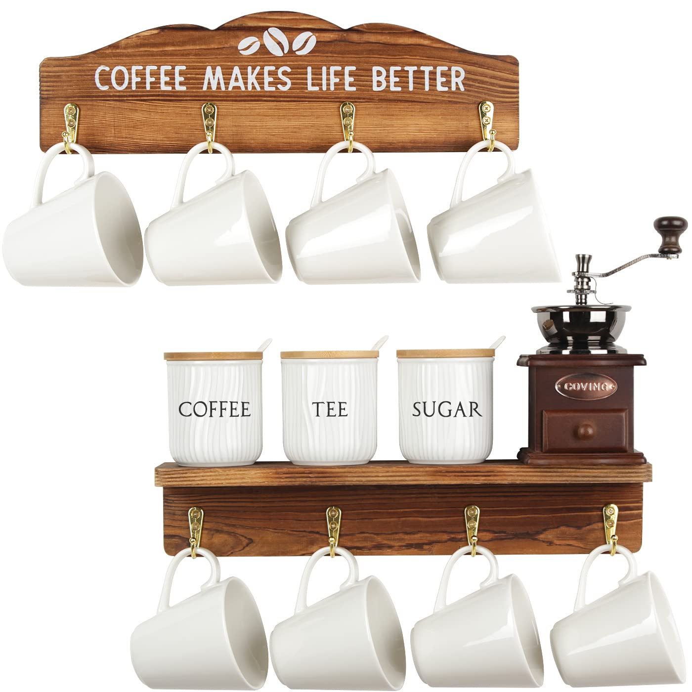 Wooden Coffee Mug Rack - Wall Mounted 12 Cup Holder for Kitchen & Cafe Decor