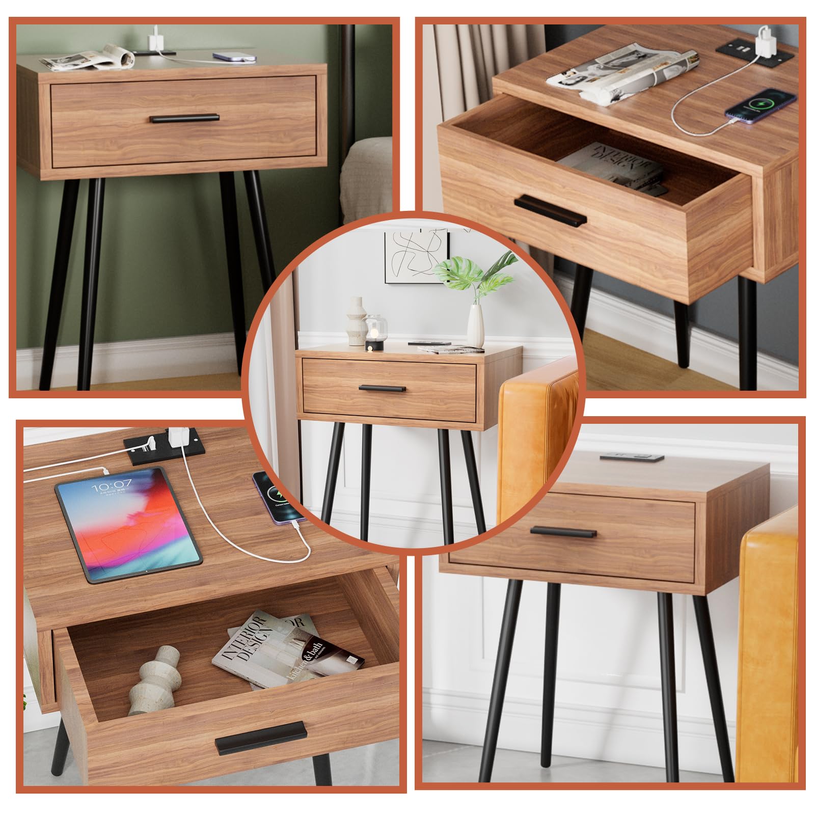 Modern Wooden Nightstand with USB Charging Port & Drawers - Walnut Finish Small Side Table for Bedroom, Living Room, Dorm - Perfect as Bedside Table, Dresser or End Table - Light Brown Home Decor for Cozy Spaces