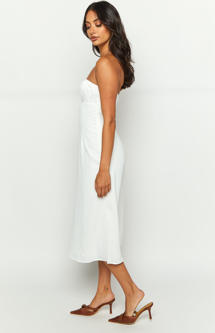 Dion White Strapless Midi Dress for Women - Elegant Summer Cocktail Party & Wedding Guest Dress - Flowy A-Line Formal Dress for Evening Events