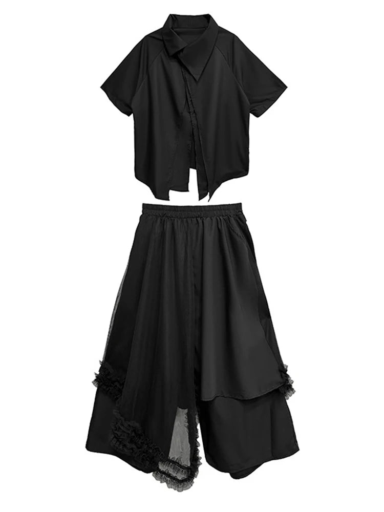 Oversized Black Asymmetrical Mesh Pantsuit Set - Fashionable Lapel Short Sleeve Two Piece Outfit for Women | Spring Summer 2025 Trendy Streetwear | Perfect for Casual Wear, Night Out & Fashion Events