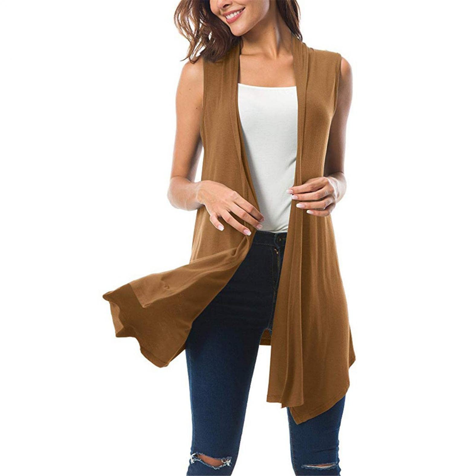 Women's Sleeveless Asymmetric Hem Draped Open Front Cardigan - Lightweight Summer Cover Up for Beach, Office & Evening Outfits