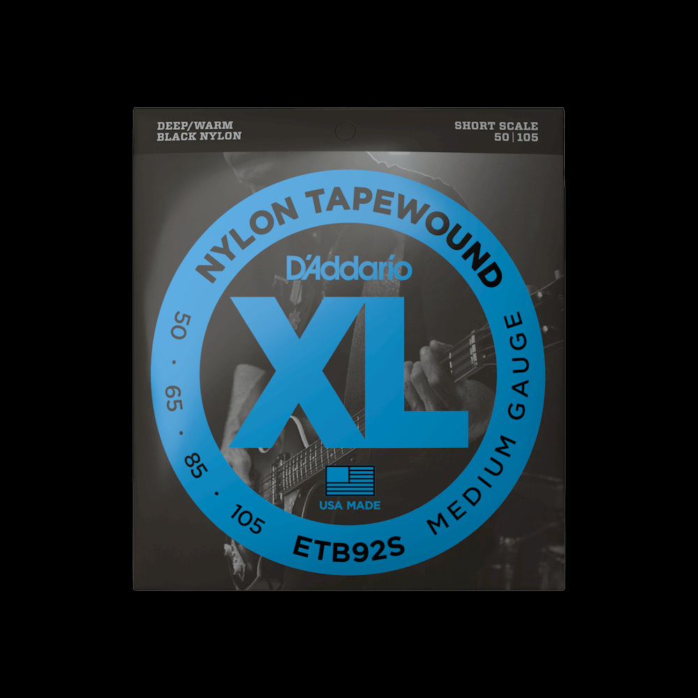 D'Addario ETB92S Bass Guitar Strings - Tape Wound, Medium Gauge (50-105), Short Scale - Perfect for Jazz, Blues & Studio Recording