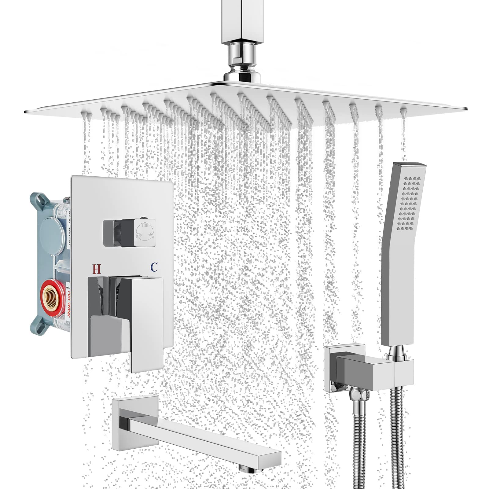 Luxury Cinwiny 3-Function Shower System - 12 Inch Rainfall Shower Head with Handheld Spray, Tub Spout & Polish Chrome Mixer Valve - Perfect for Master Bathrooms & Spa-Like Showers