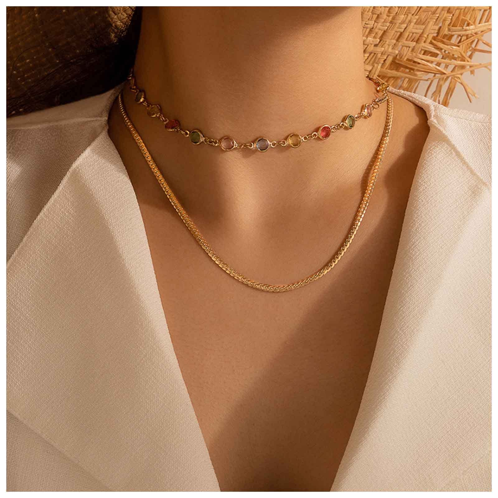 Bohemian Rainbow Crystal Bezel Snake Chain Necklace - Gold Layered Clavicle Choker Jewelry for Women | Perfect for Boho Chic Outfits, Festivals & Layered Necklace Styling