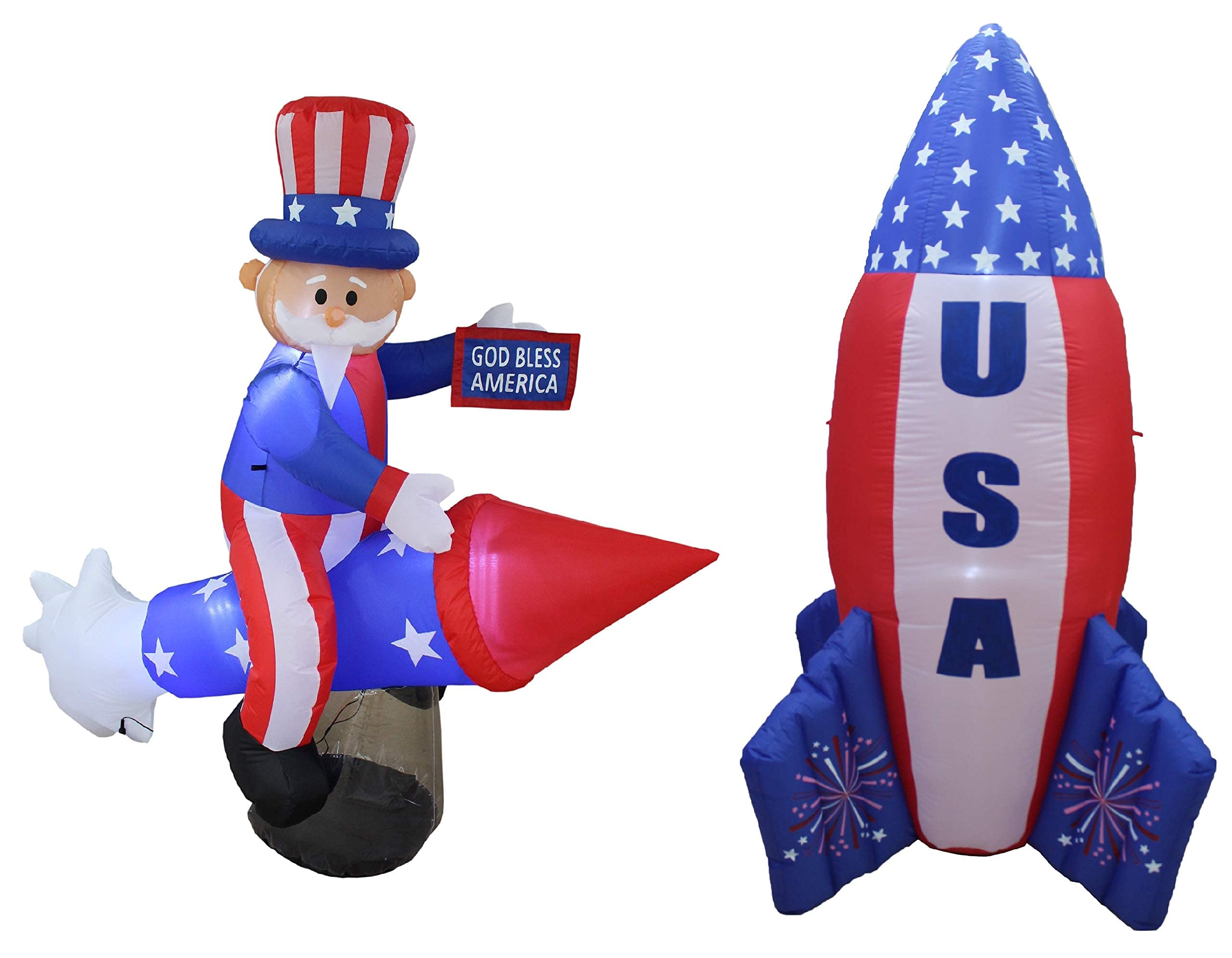 Patriotic Party Decorations Bundle - 6ft Inflatable Uncle Sam on Rocket Ship & 6ft Inflatable USA Flag Rocket Ship for Independence Day, Memorial Day, 4th of July Celebrations | Perfect for Backyard BBQs, Parades & National Holiday Events