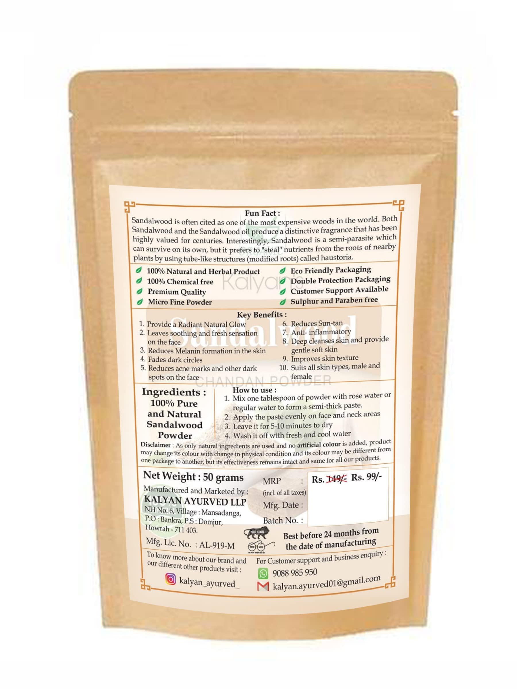 Organic Sandalwood Face Pack Powder for Glowing Skin - Lightens Suntan, Dark Spots & Pigmentation | Prevents Acne Breakouts | Enriched with Chandan Powder for Tan Removal, 50g | Perfect for Daily Skincare & Spa Treatments at Home