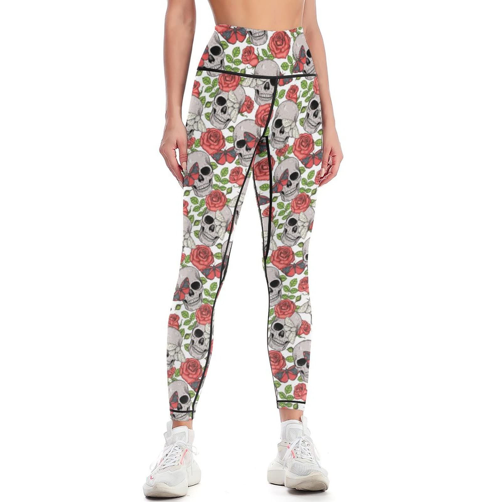 HK97 Women's Skull Print Yoga Leggings - High Waisted Tummy Control Workout Pants for Running, Gym & Casual Wear | Trendy Athletic Pants for Yoga, Fitness & Everyday Comfort