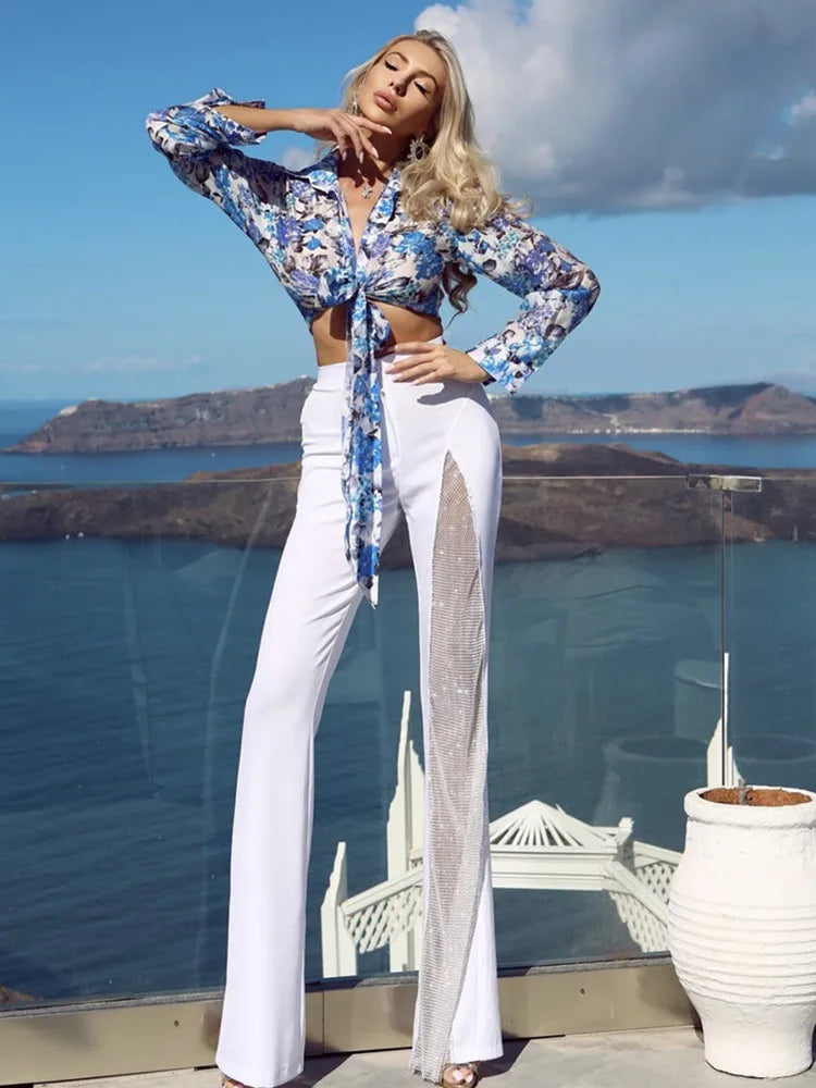 Black Red White Rayon Bandage Wide Leg Pants for Women - Sexy High Waist Summer Fashion Pants with Diamond Keyhole Design - Perfect for Beach, Party & Celebrity Style Outfits