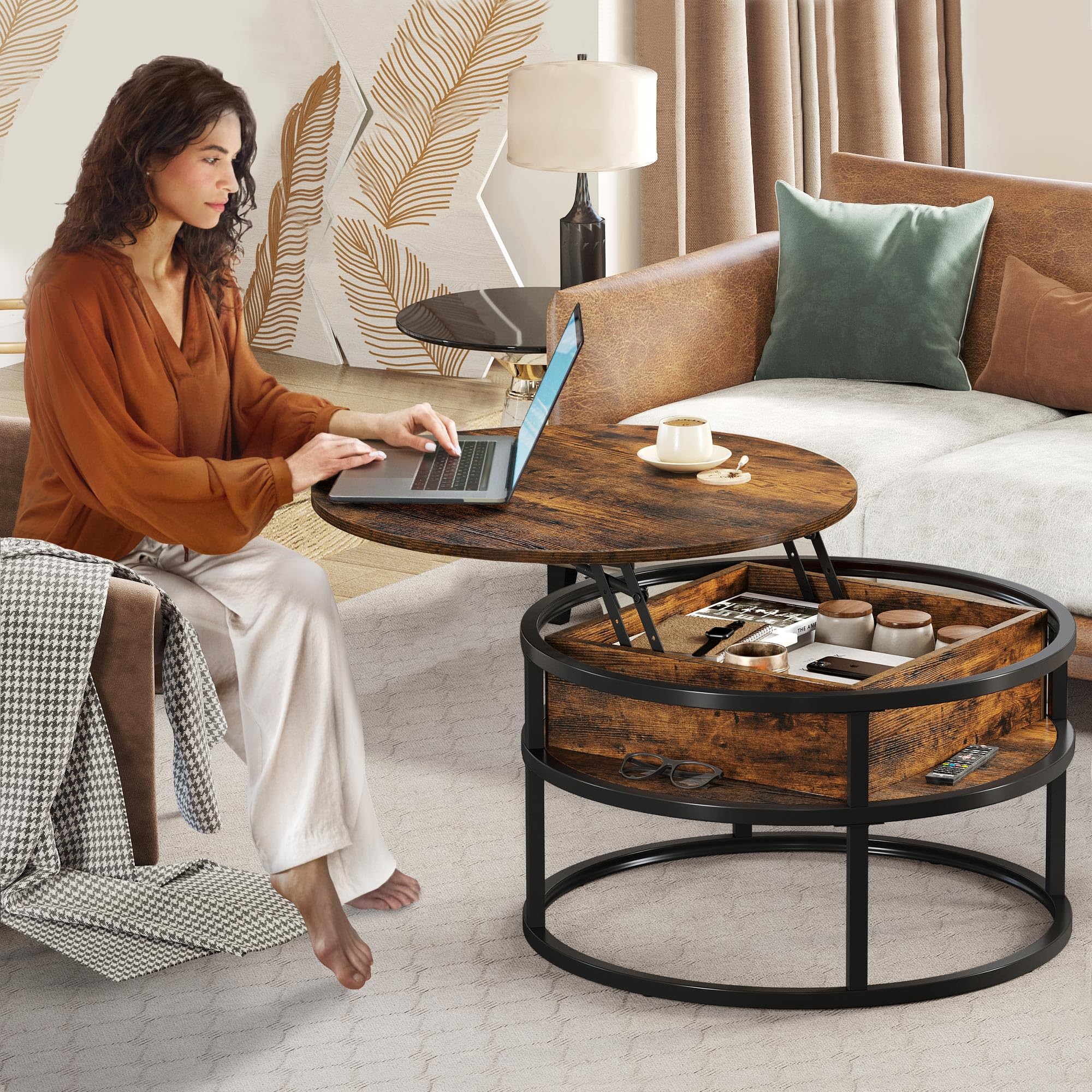 YITAHOME Round Lift Top Coffee Table with Hidden Storage Compartment - Modern Wood Center Table for Living Room, Home Office - Rustic Brown | Perfect for Small Spaces, TV Lounging & Entertaining Guests