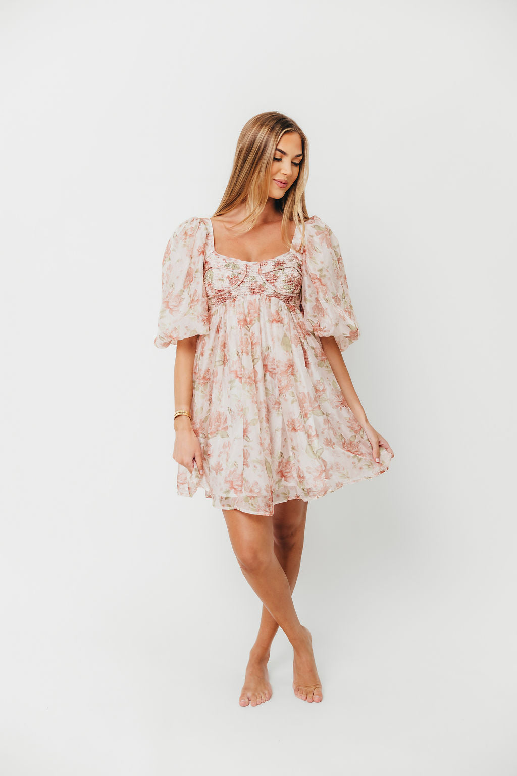 Saint Malo Floral Smocked Mini Dress in Peach - Summer Casual Dress for Women, Beach Vacation Outfit, Garden Party Attire