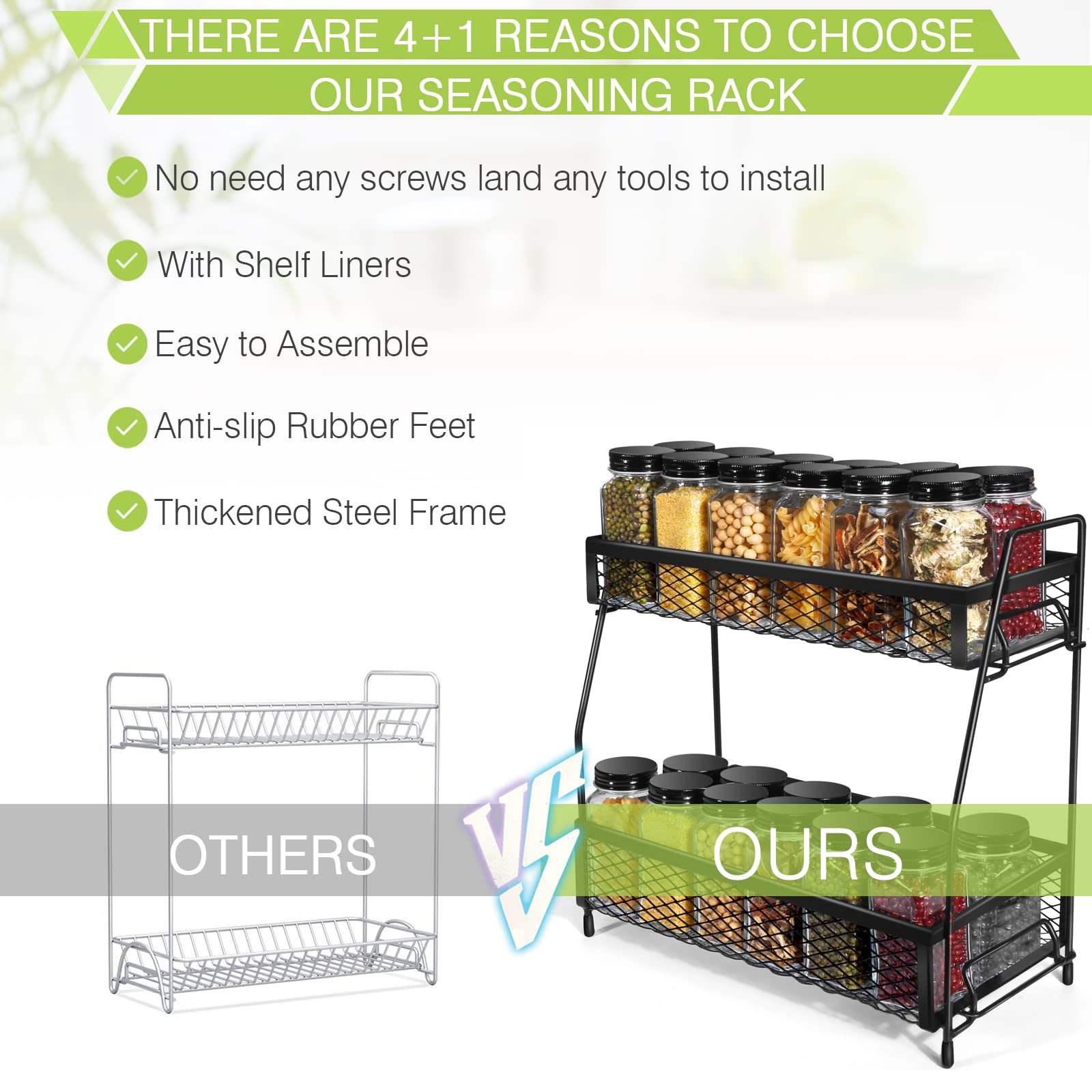 2-Tier Foldable Metal Spice Rack Organizer - Non-Slip Countertop Storage for Kitchen & Bathroom | Space-Saving Black Spice Holder for Countertops, Cabinets & Pantry Organization
