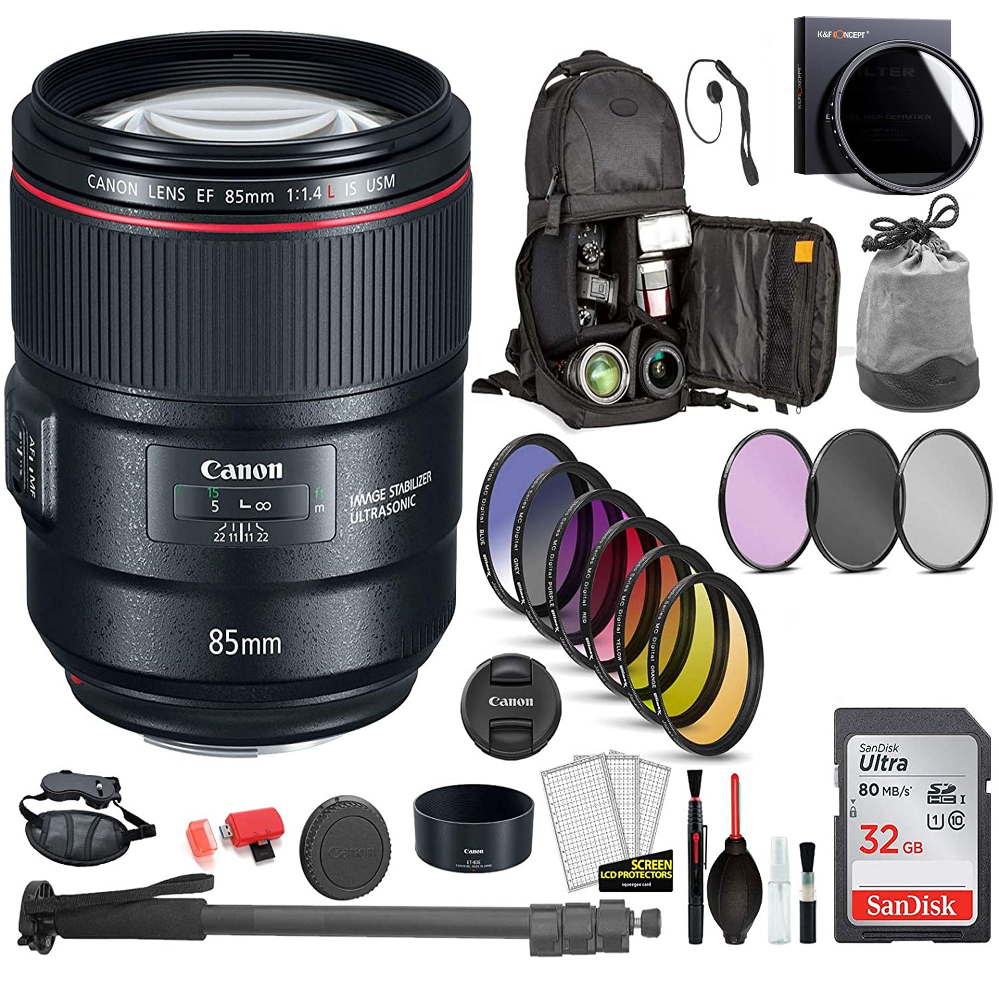 Canon EF 85mm f/1.4L IS USM Lens Professional Bundle with Backpack, Filter Kit & SanDisk 32GB SD Card - Perfect for Portrait Photography, Wedding & Studio Shoots