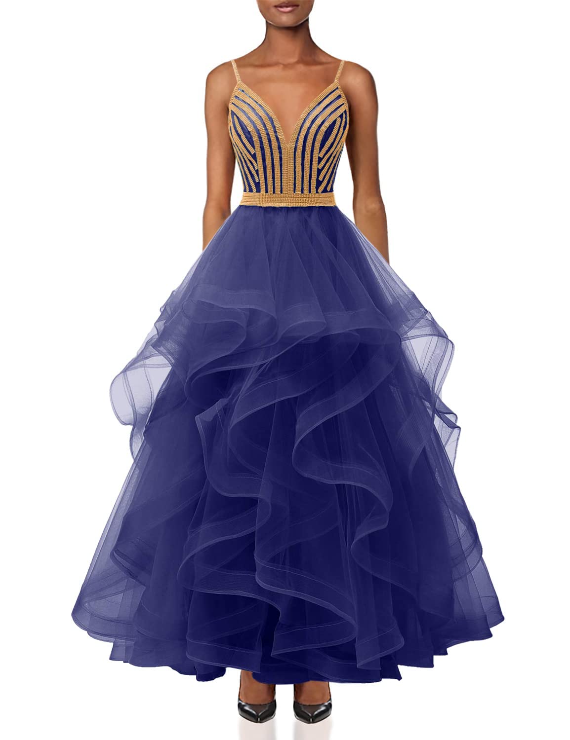 Chupeng Women's Gold Crystal Tiered Tulle Prom Dress - Elegant Spaghetti Strap Long Formal Evening Gown for Cocktail Party, Ball & Special Occasions | Perfect for Prom Night, Wedding Guest & Black Tie Events