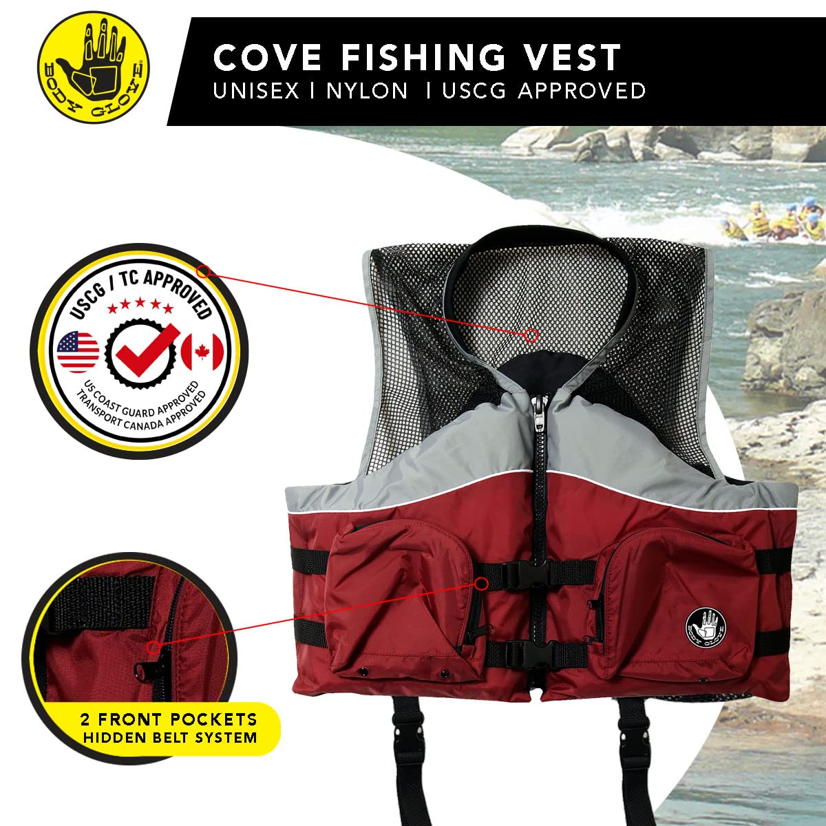 Body Glove Cove Unisex Nylon Fishing Vest - Waterproof Lightweight Fishing Jacket for Men & Women, Ideal for Kayaking, Boating, Paddling & Outdoor Water Sports | Perfect for Fishing Trips, Beach Activities & Marine Safety Gear