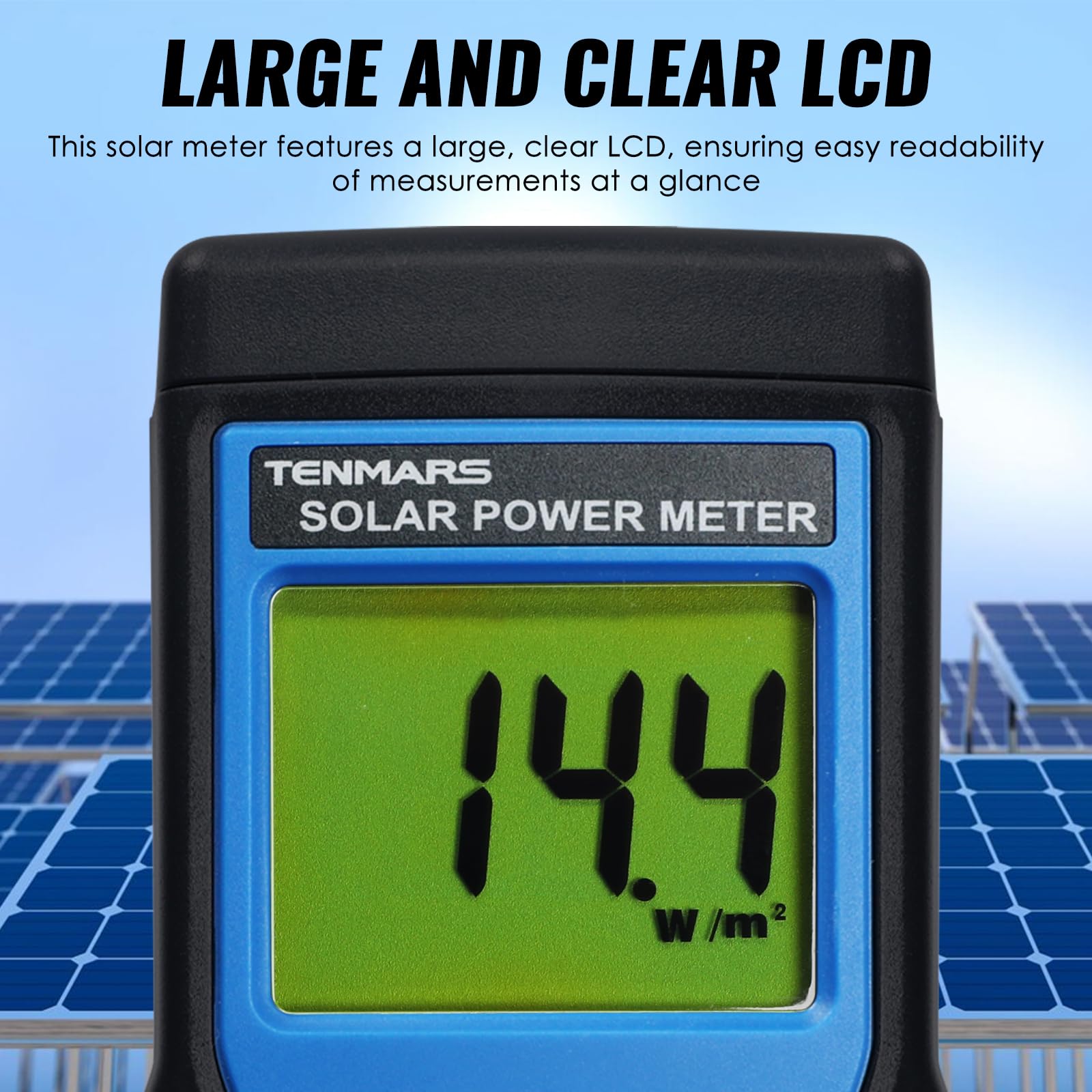 Solar Power Meter - Handheld Digital Solar Irradiance Meter with 2000W/m² & 634BTU/(ft²·h) Range, MAX/MIN/Data Hold - Perfect for Solar Panel Testing, Renewable Energy Research & Sunlight Measurement