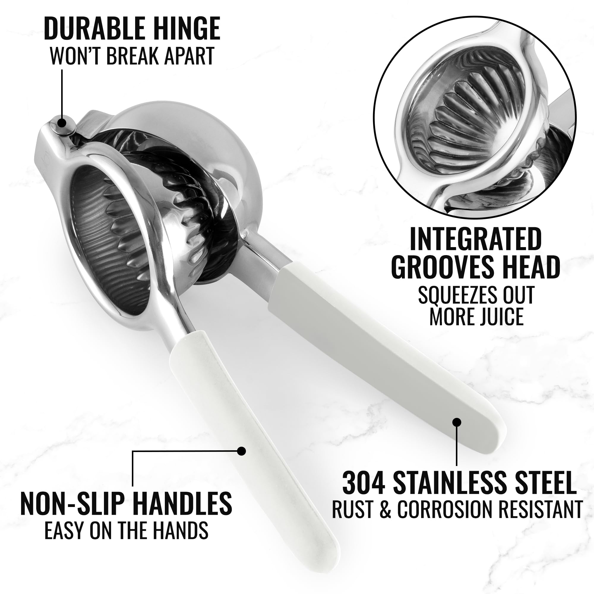 Premium Stainless Steel Lemon Squeezer - Heavy Duty Manual Citrus Juicer with Solid Metal Bowl & Food Grade Silicone Handles - Large Lime & Orange Press for Kitchen, Bar, Restaurant & Cocktail Making (White)