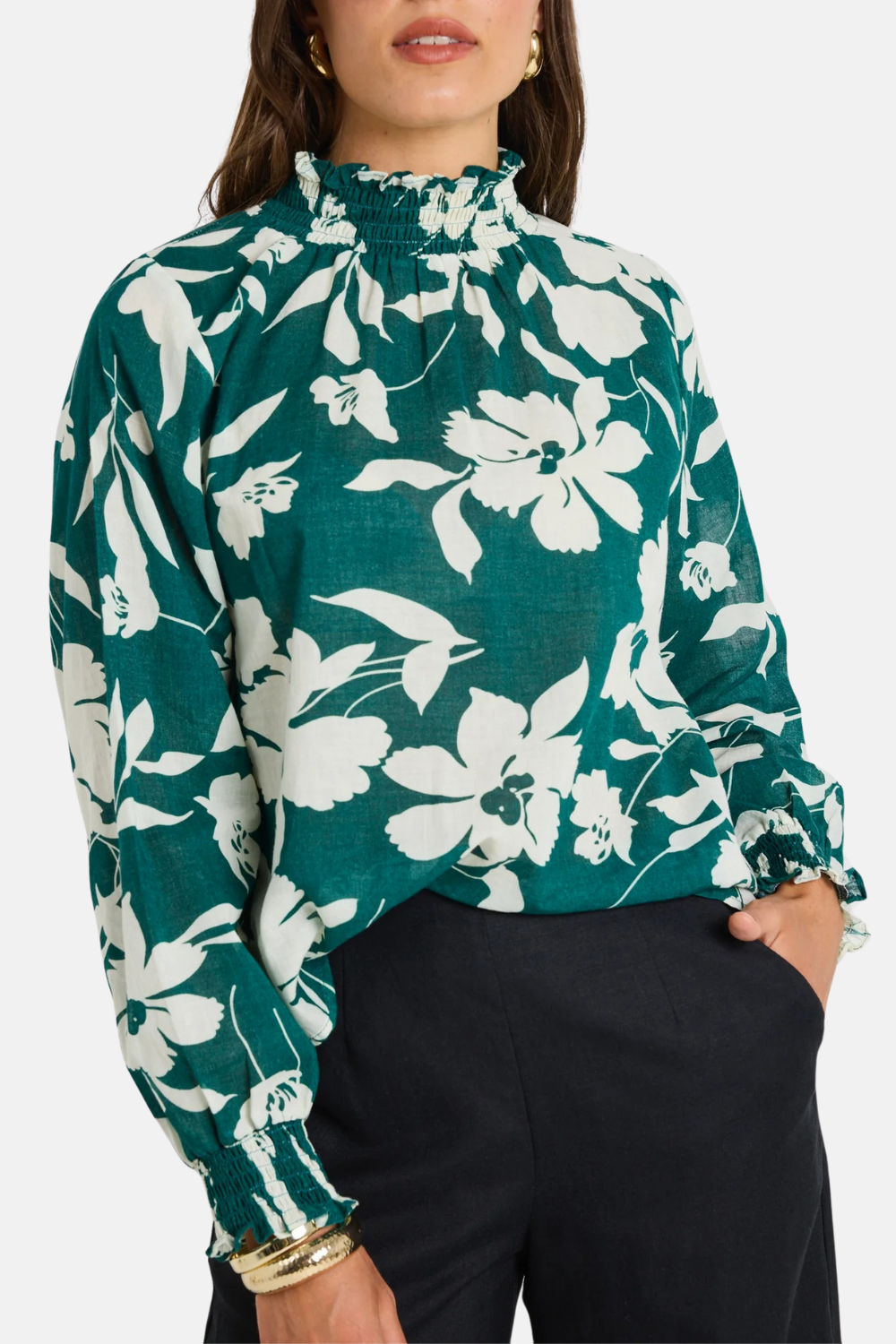 Affection Forest Floral Print Shirred High Neck Long Sleeve Blouse for Women - Perfect for Spring Outfits, Date Nights & Office Wear