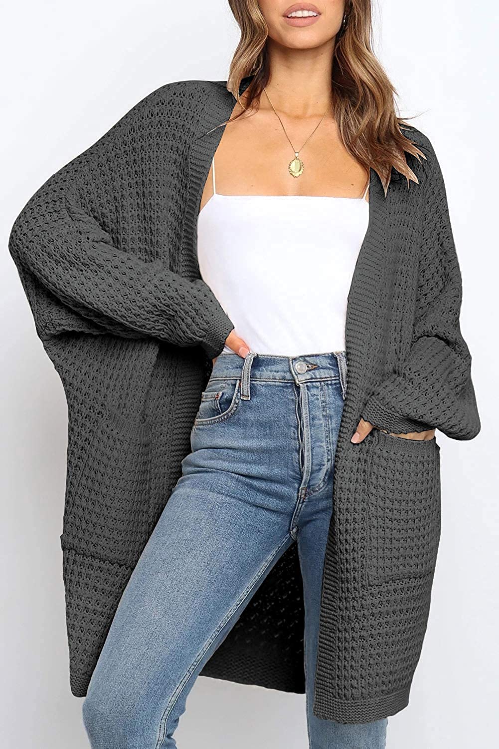 MEROKEETY Women's Oversized Long Batwing Sleeve Cardigan Waffle Knit Sweater Coat - Soft & Cozy Open Front Knitted Wrap for Fall Winter Fashion, Perfect for Office, Lounge & Casual Outfits