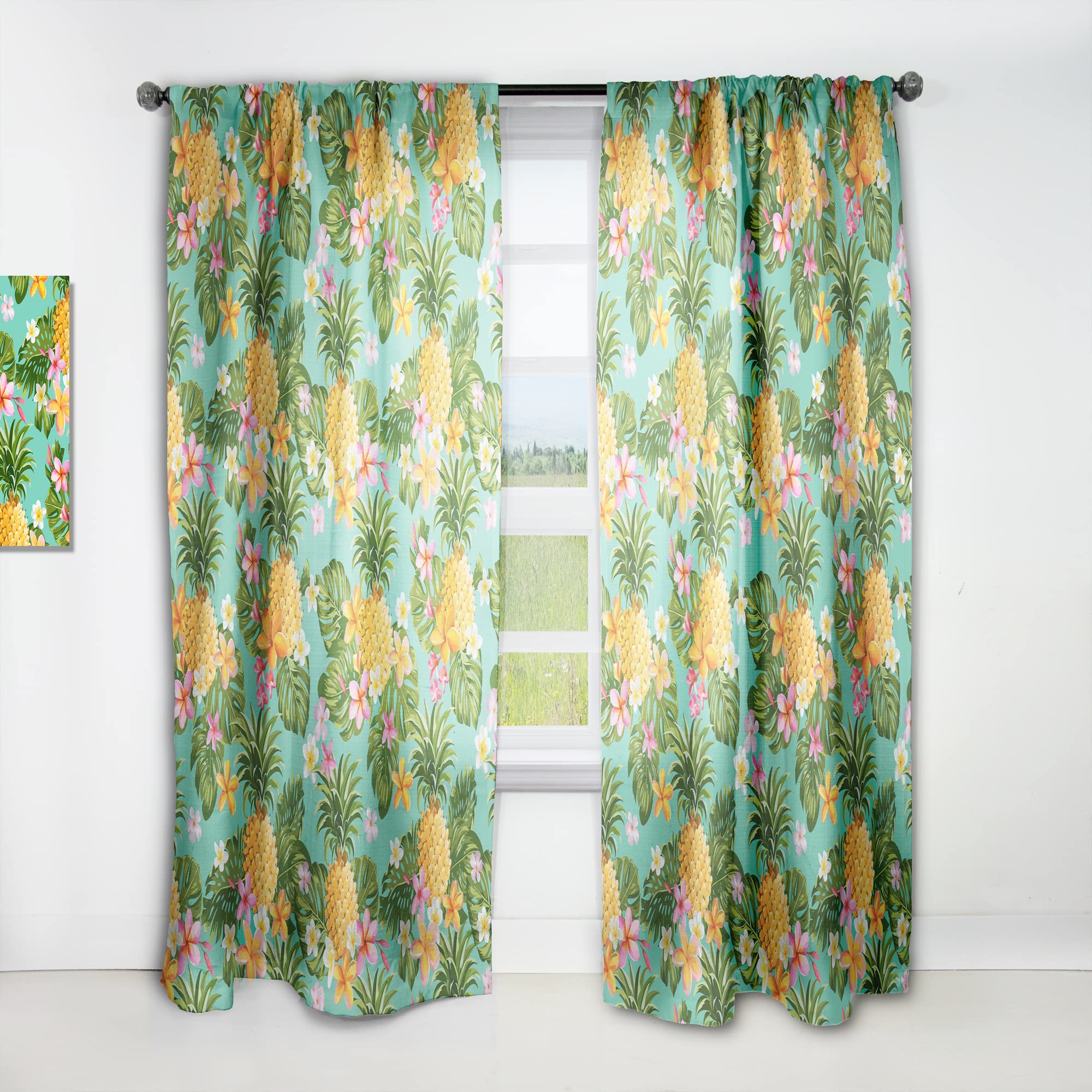 DesignQ Pineapple & Tropical Flower Print Thermal Insulated Curtains - Single Panel 52x95 Inches for Bedroom & Living Room - Blackout Drapes for Home Decor & Sun Protection