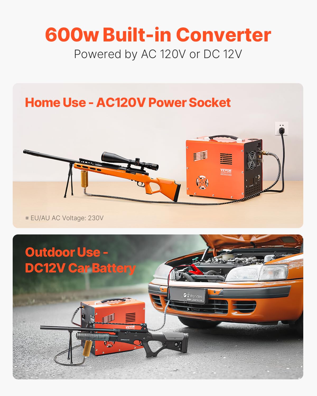VEVOR 4500PSI PCP Air Compressor with Built-in Converter & Cooling Fan - 12V/120V Portable High Pressure Air Pump for Paintball Tanks, Air Rifles, Scuba Diving Bottles - Perfect for Hunting, Shooting Sports & Underwater Adventures