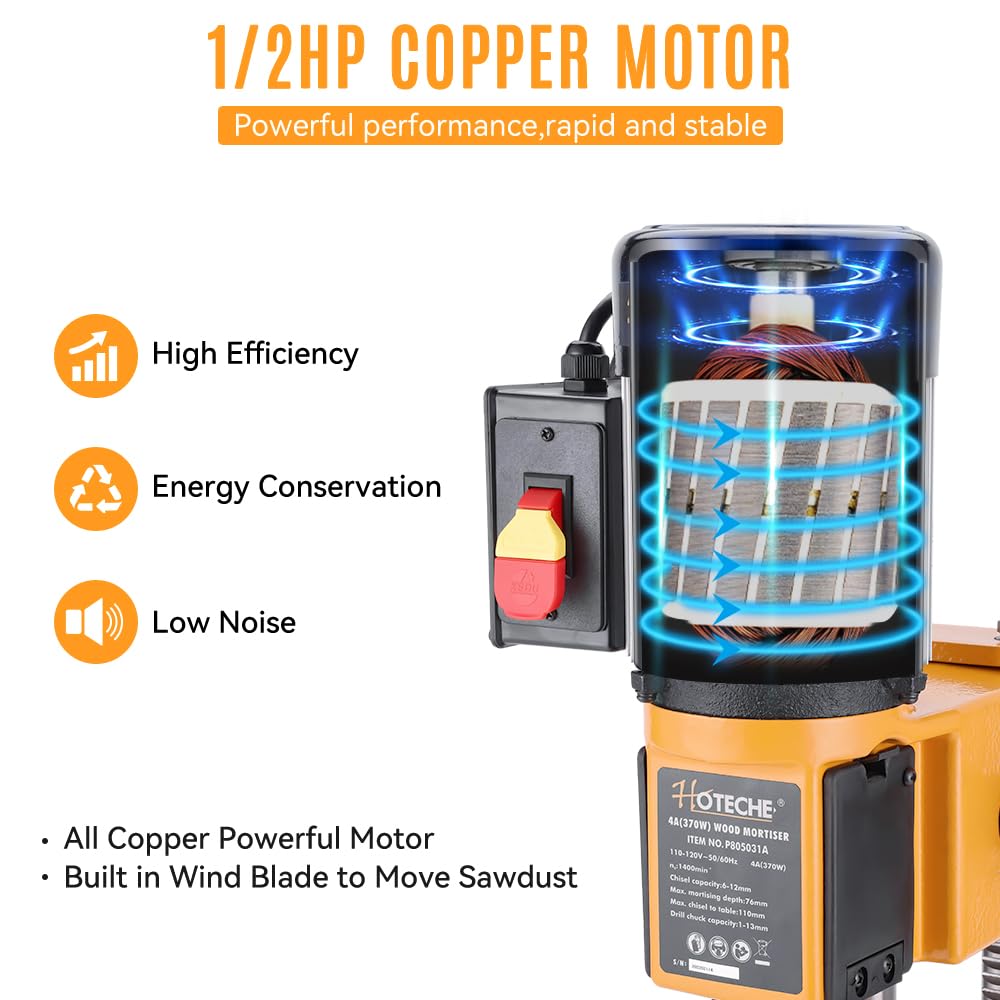 Hoteche 1/2HP Benchtop Wood Mortiser Machine with 3/8-Inch Chisel - Heavy Duty Mortising Tool for Cabinet Making, Furniture Joinery & Woodworking Projects