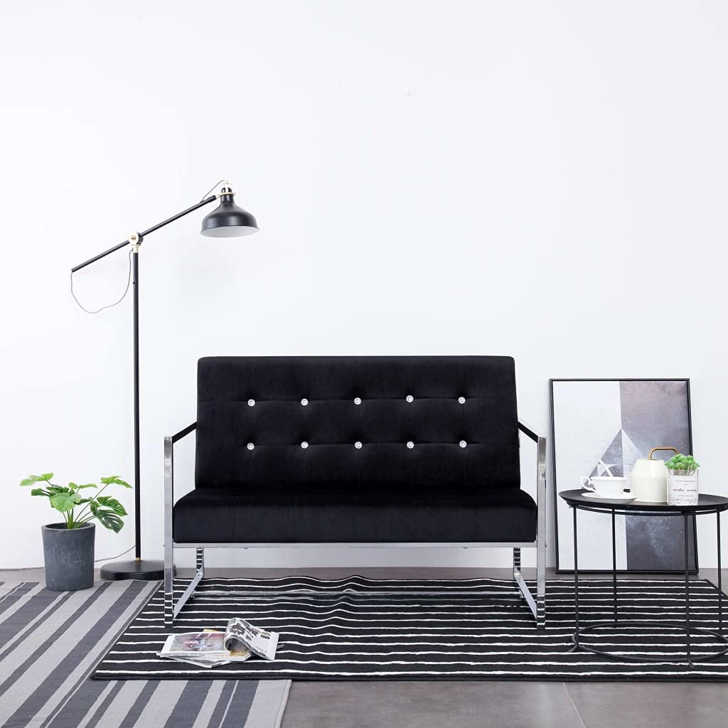 2-Seater Sofa with Armrests - Black Chrome & Velvet Upholstery - Modern Living Room, Apartment or Office Furniture - Perfect for Small Spaces, Lounging & Entertaining Guests