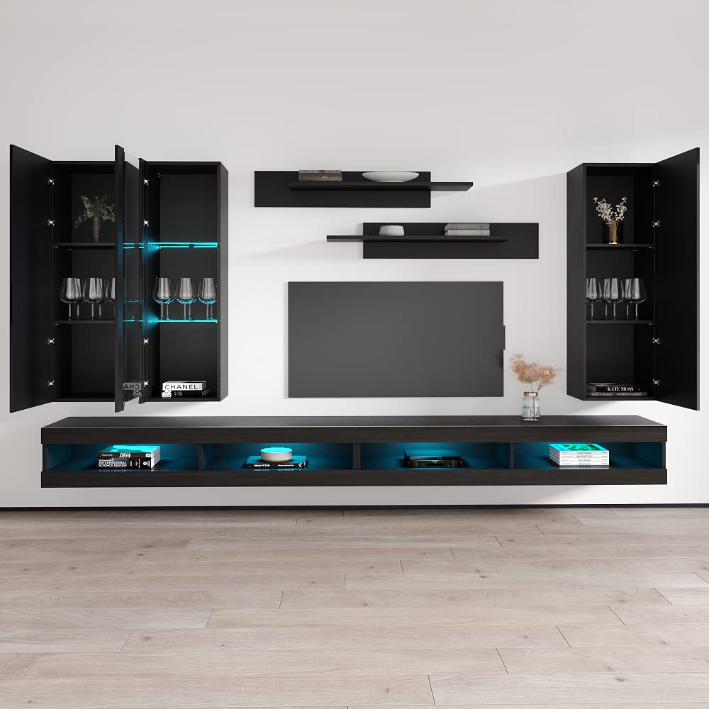 Modern Floating TV Stand with Storage & LED Lights - Wall-Mounted Entertainment Center for Bedroom & Living Room - 34