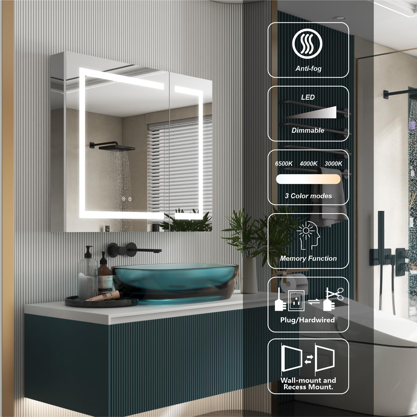 WELLFOR LED Bathroom Mirror Cabinet with Defogger & Dimmer - 36