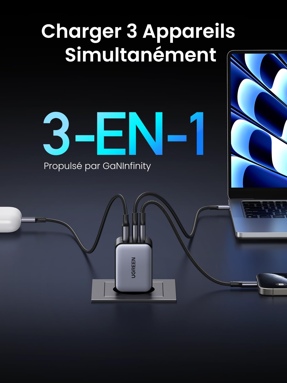 UGREEN Nexode X 65W GaN Fast Charger with 3 Ports - USB C PD Charger for iPhone 16/15/14/13/12/11, Galaxy S24/S23/S22 Ultra, Pixel, iPad, MacBook Air/Pro M3/M2/M1 - Compact Travel Charger for Home, Office & On-the-Go