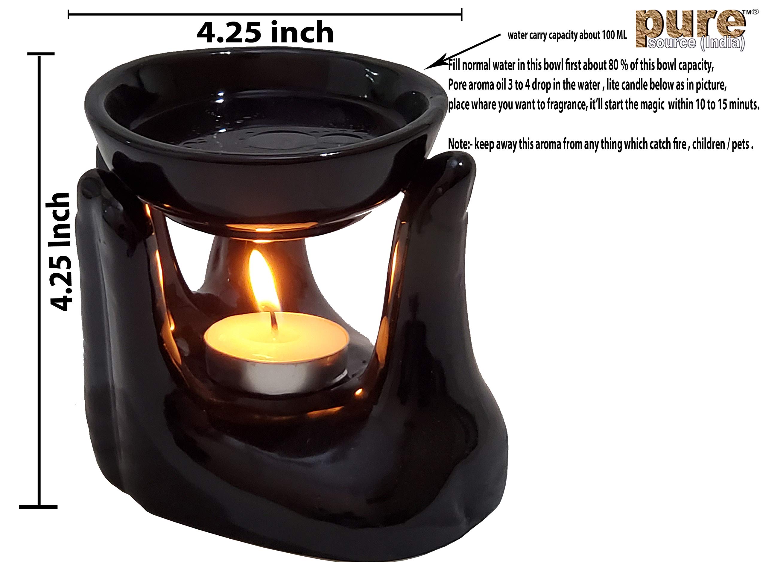 Pure Source India Porcelain Oil Burner with Tea Light Candle - Aromatherapy Diffuser for Home, Office, Yoga & Meditation (Black)
