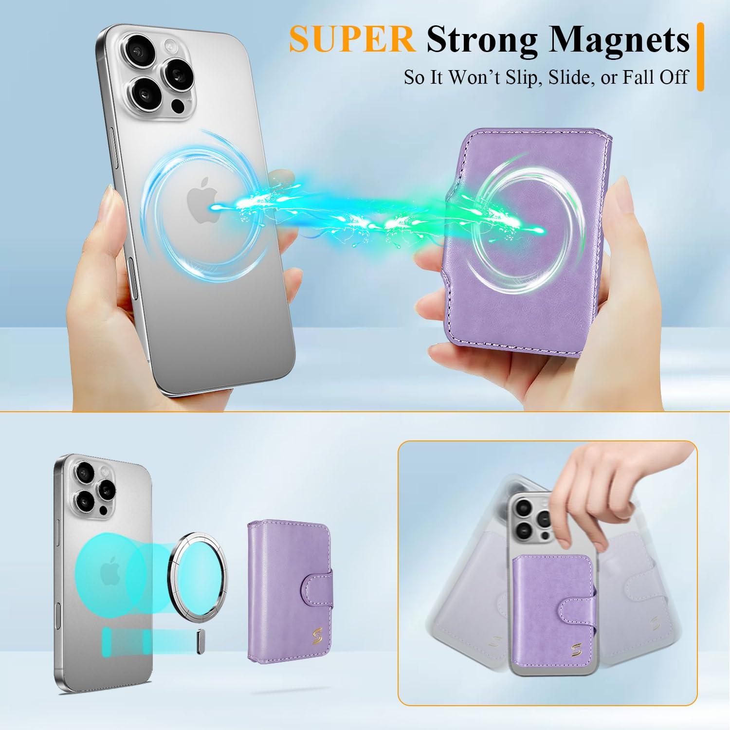 Magnetic Phone Wallet Card Holder - Slim Luxury Leather MagSafe Wallet with 5 Slots (Fits 7 Cards), RFID Blocking & ID Window - Compatible with MagSafe Phones & Cases - Perfect for iPhone Users, Daily Commute & Travel - Pastel Purple for Women & Men