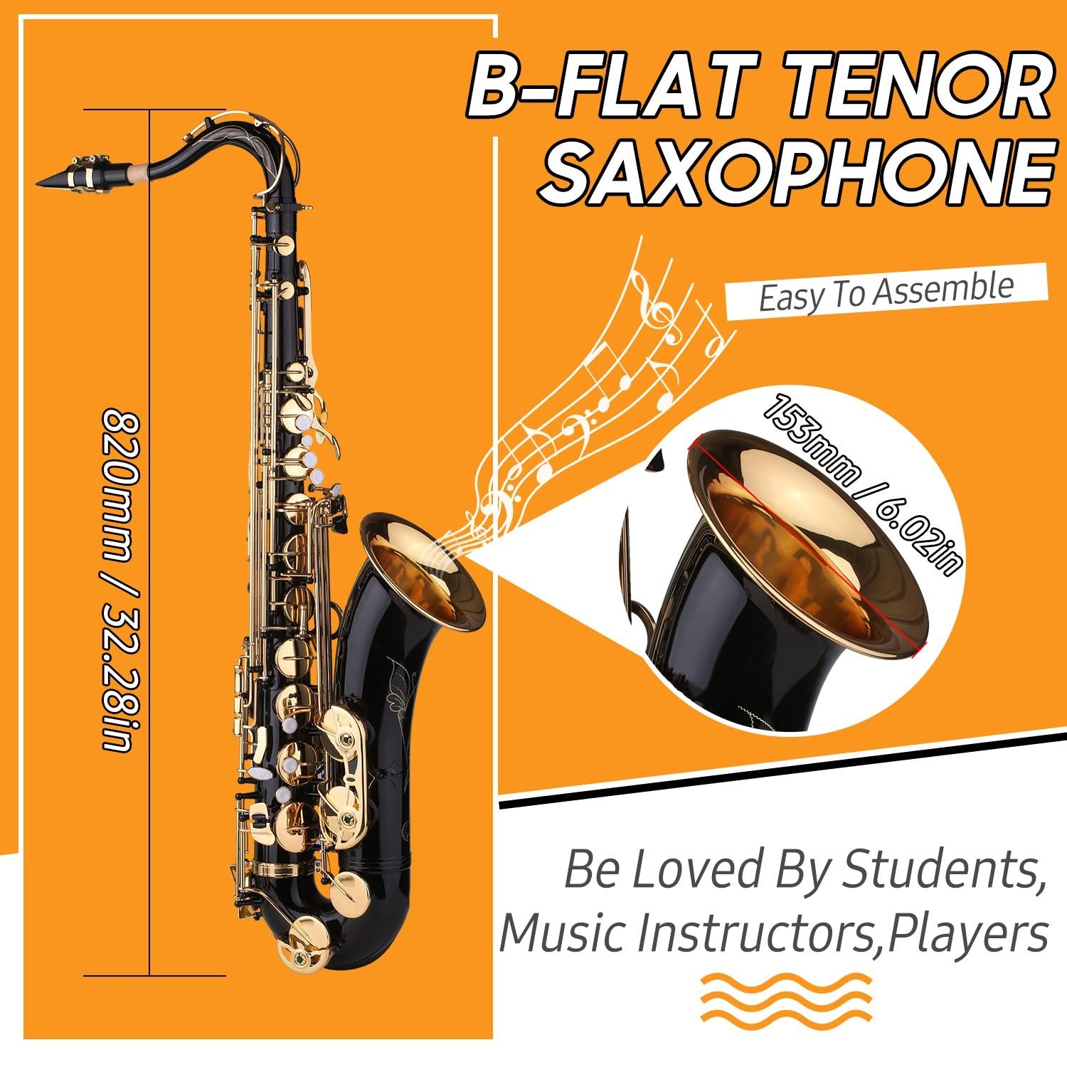 B-Flat Tenor Saxophone Bb Black Lacquer - Complete Beginner Sax Kit with Case, Mouthpiece, Reeds, Neck Strap, Cleaning Cloth & Brush - Perfect for Jazz, Band Practice & School Performances