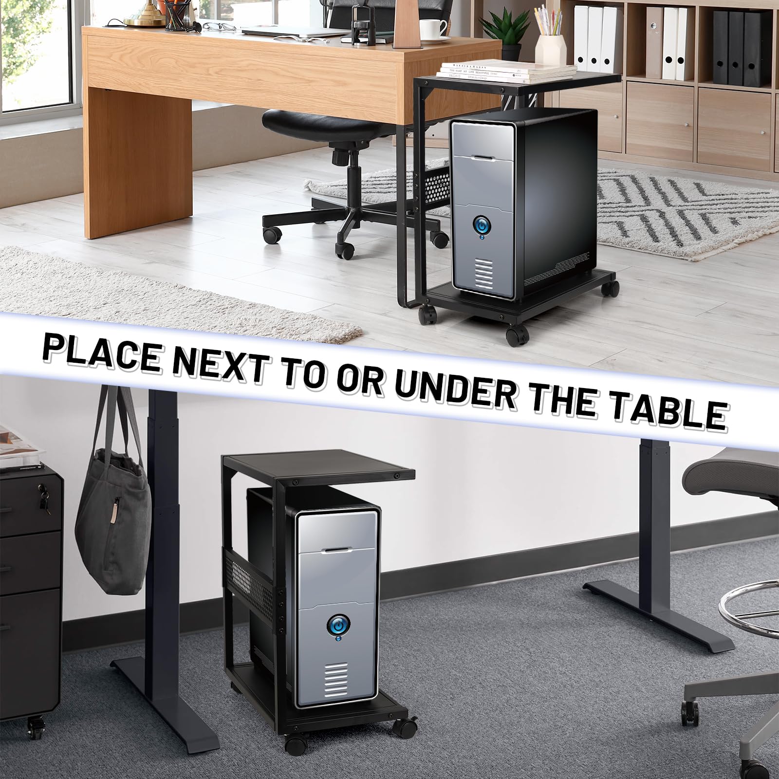 2-Tier Metal PC Stand with Locking Caster Wheels - Heavy Duty Computer Tower Stand for Most Desktop PCs | Perfect for Home Office, Gaming Setup & Workspace Organization