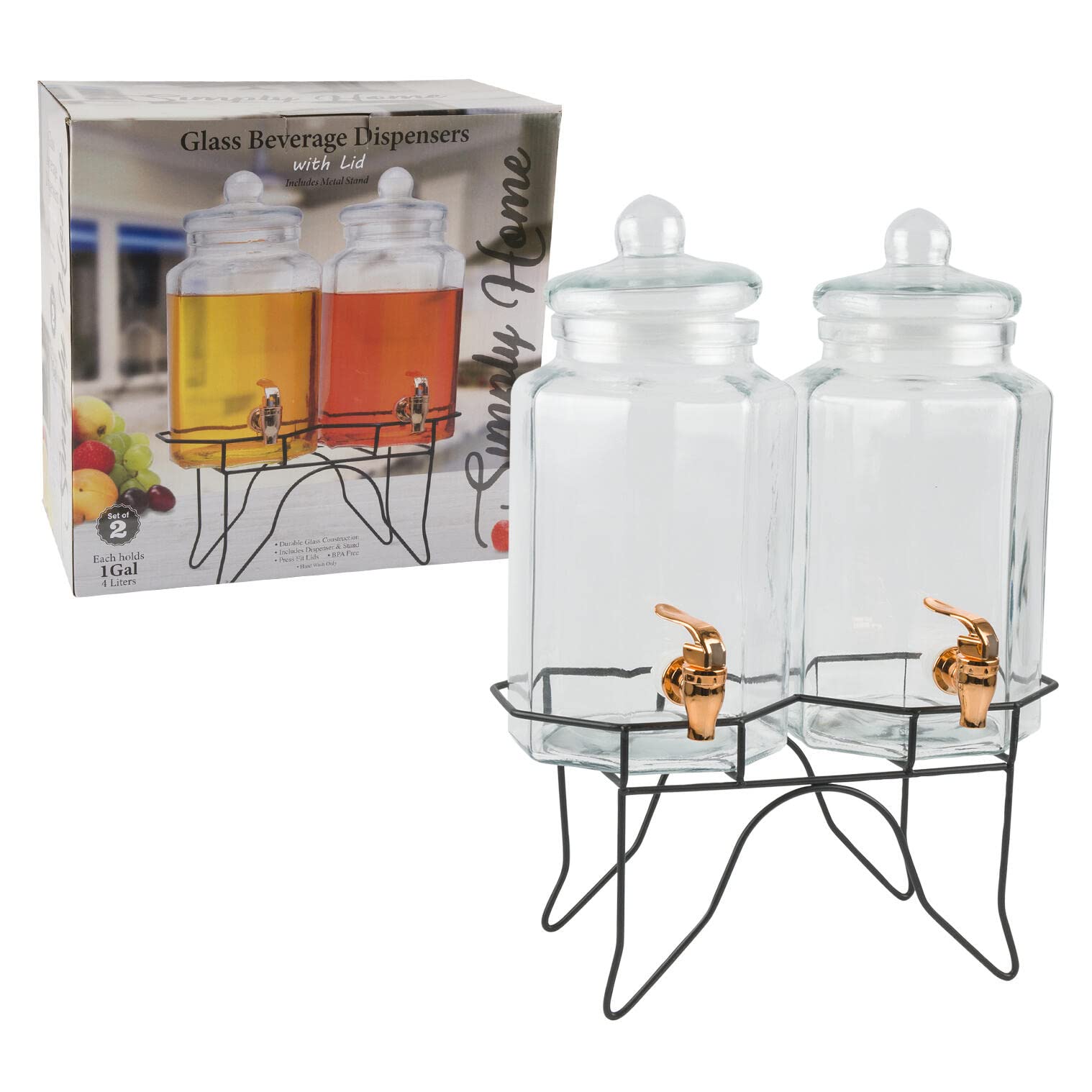 2-Piece Glass Beverage Dispenser Set - 8 Liter Capacity - Simply Home Collection - Perfect for Parties, Weddings & Outdoor Events