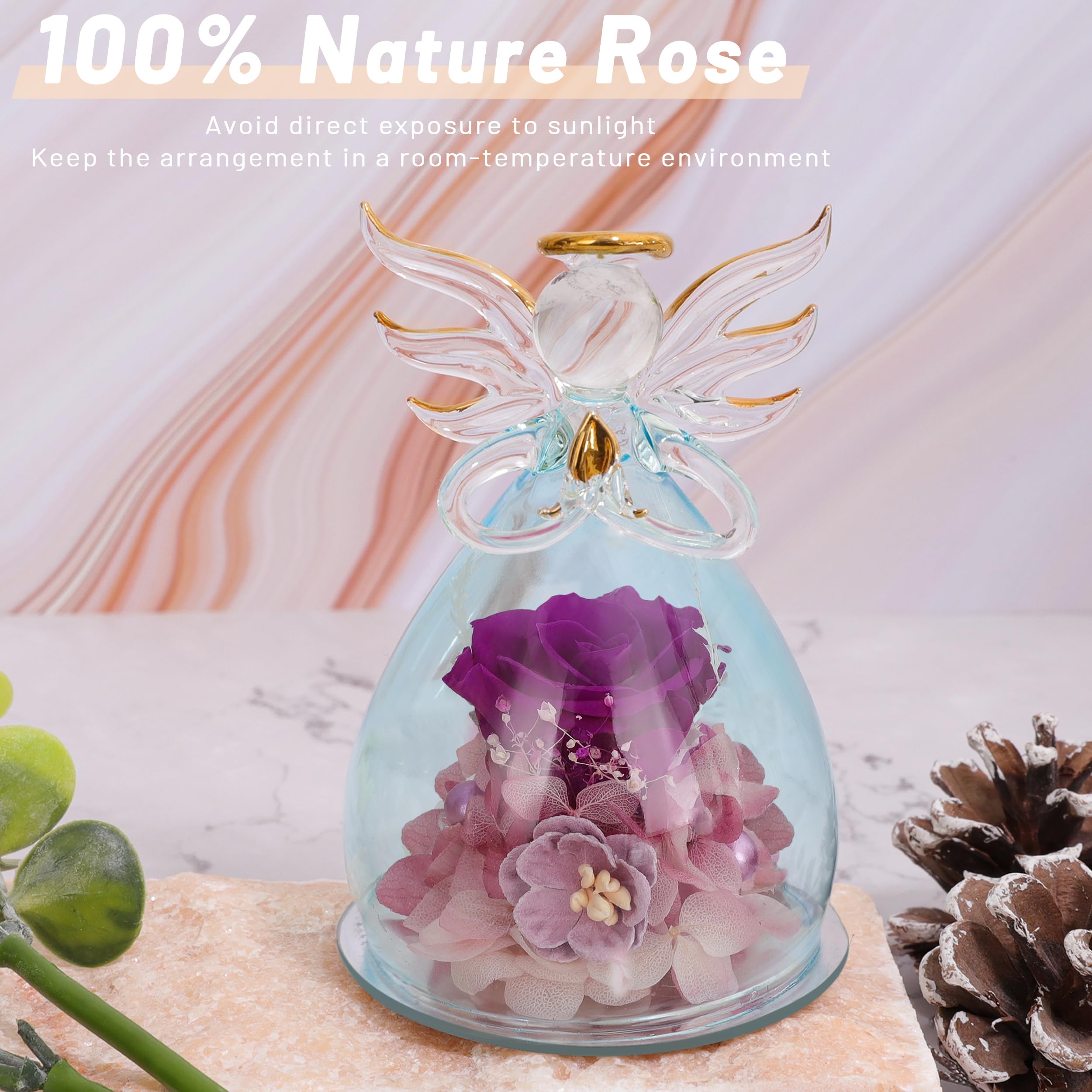 ANLUNOB Preserved Rose in Glass Dome with Angel Figurine - Eternal Flower Gift for Women, Mothers, Valentine's Day, Birthday, Christmas & Thanksgiving - Perfect for Home Decor, Wedding Centerpieces & Romantic Surprises