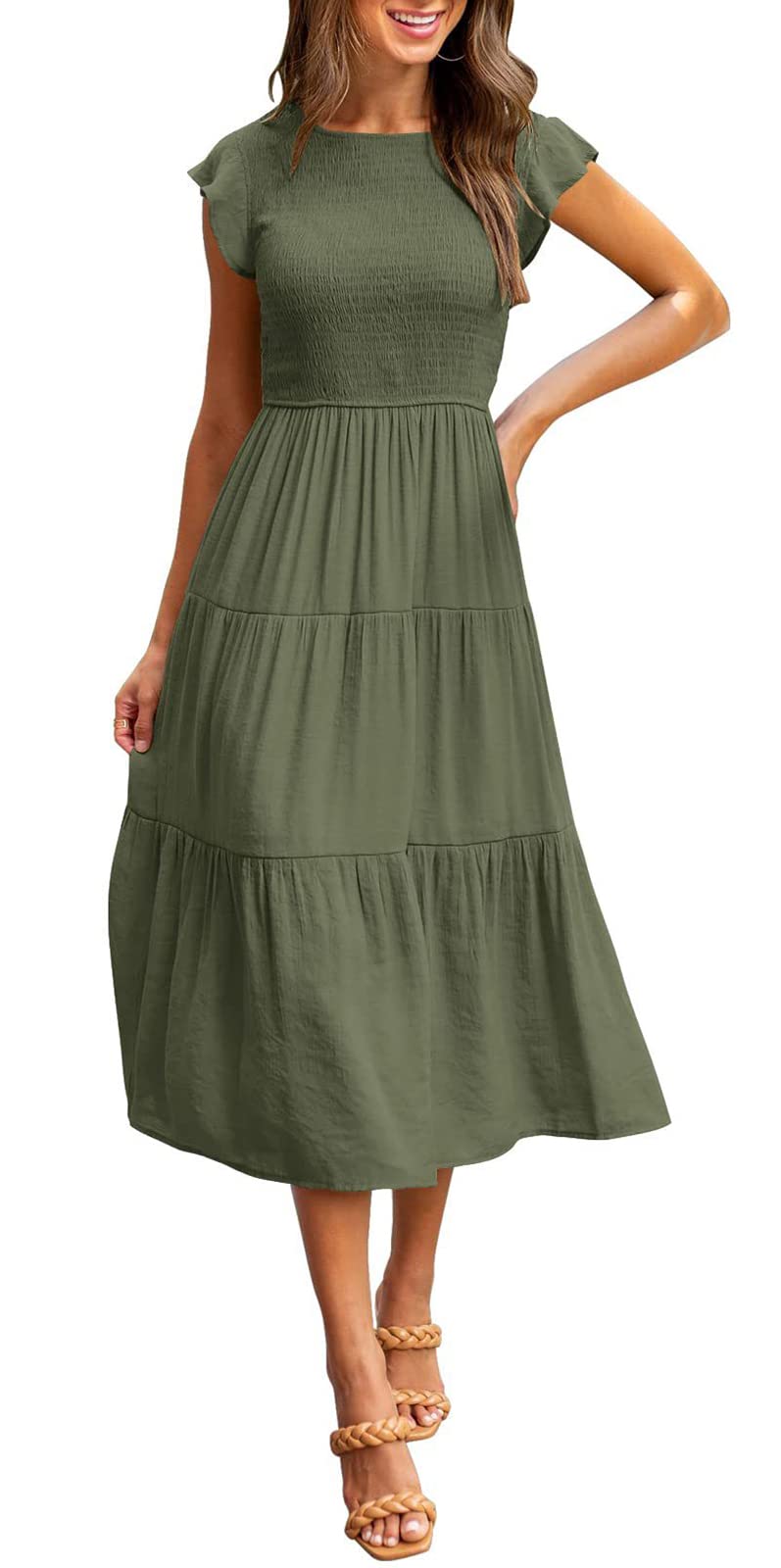 AELSON Women's Summer Casual Midi Dress - Smocked Elastic Waist, Boho A-Line Maxi Dress for Beach, Vacation & Outdoor Parties