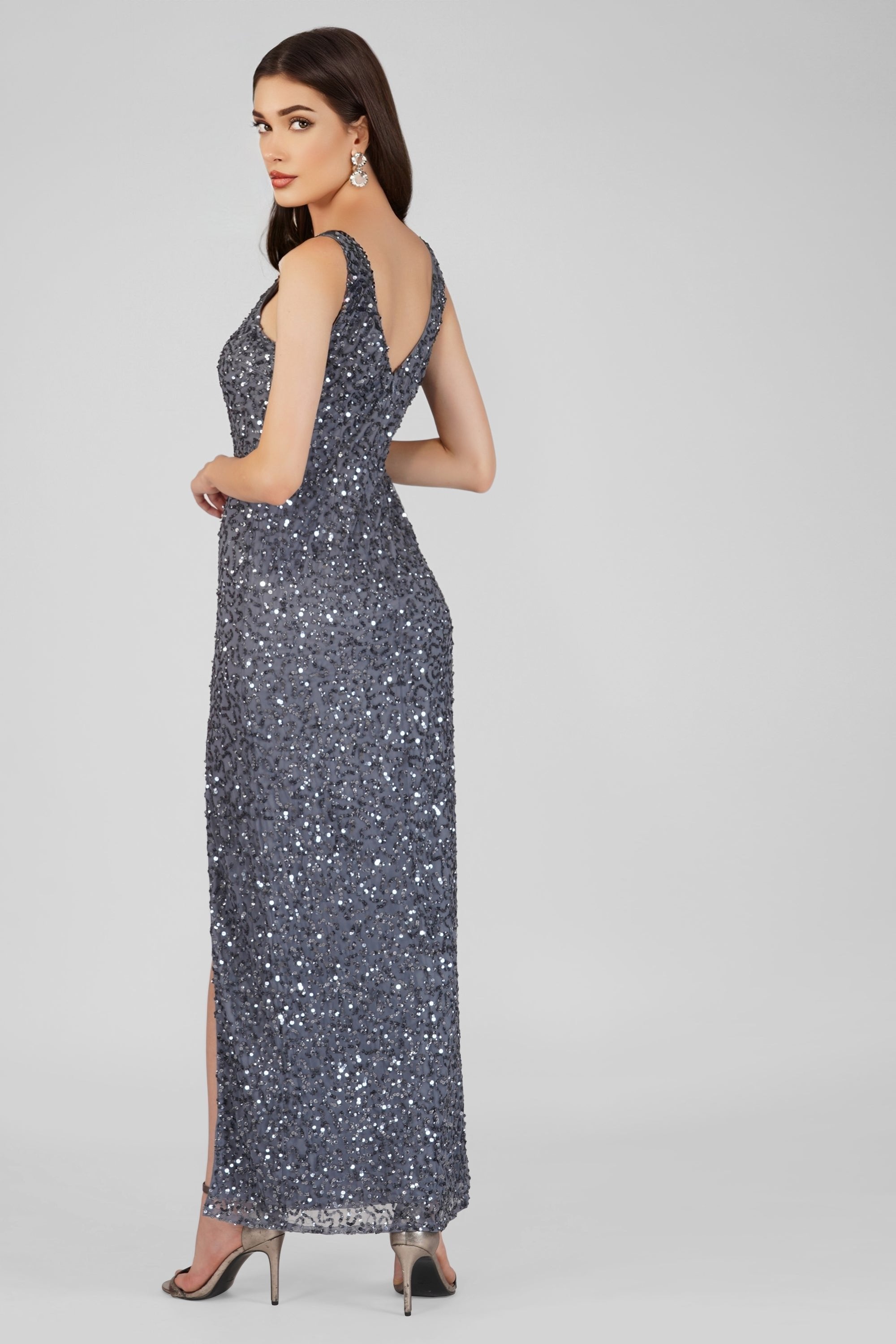 Elegant Greyson Grey Sequin Maxi Dress for Women - Perfect for Evening Parties, Prom, and Special Occasions