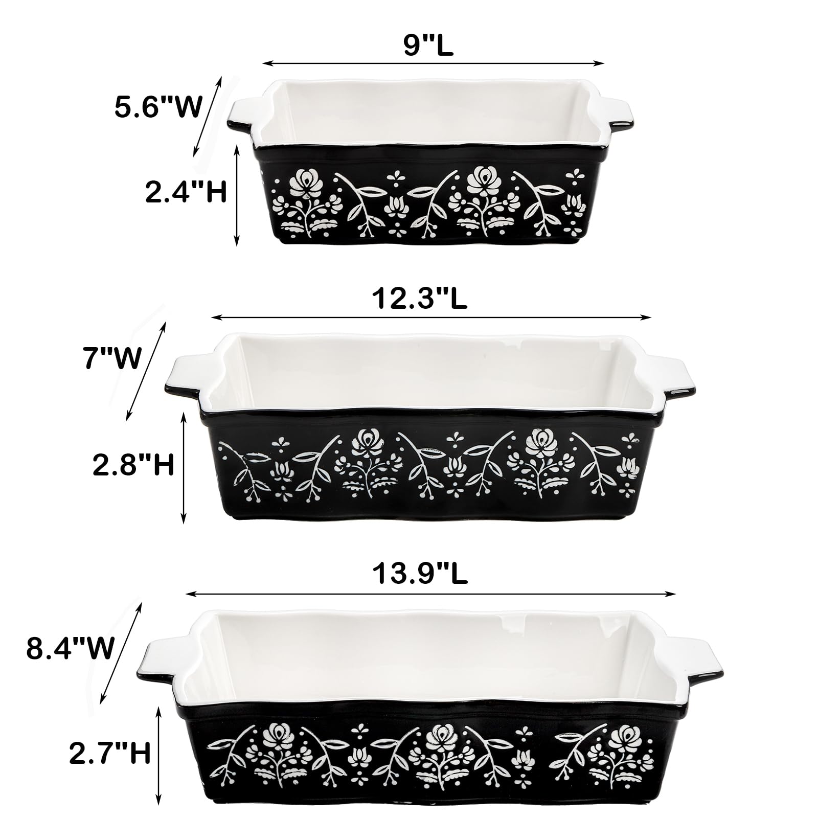 Bekith 3-Piece Ceramic Baking Dish Set with Handles - Oven Safe Rectangular Deep Lasagna Pans, Porcelain Bakeware for Cakes, Casseroles & More - Perfect for Baking, Cooking & Serving (Black & White) - Ideal for Family Dinners, Holiday Meals & Potlucks